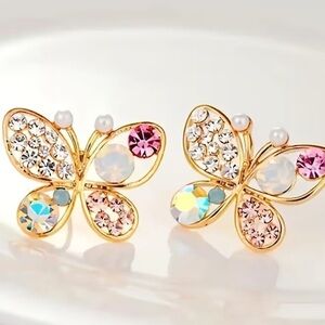 New Gold Butterfly Earrings with Pink and Crystal Accents